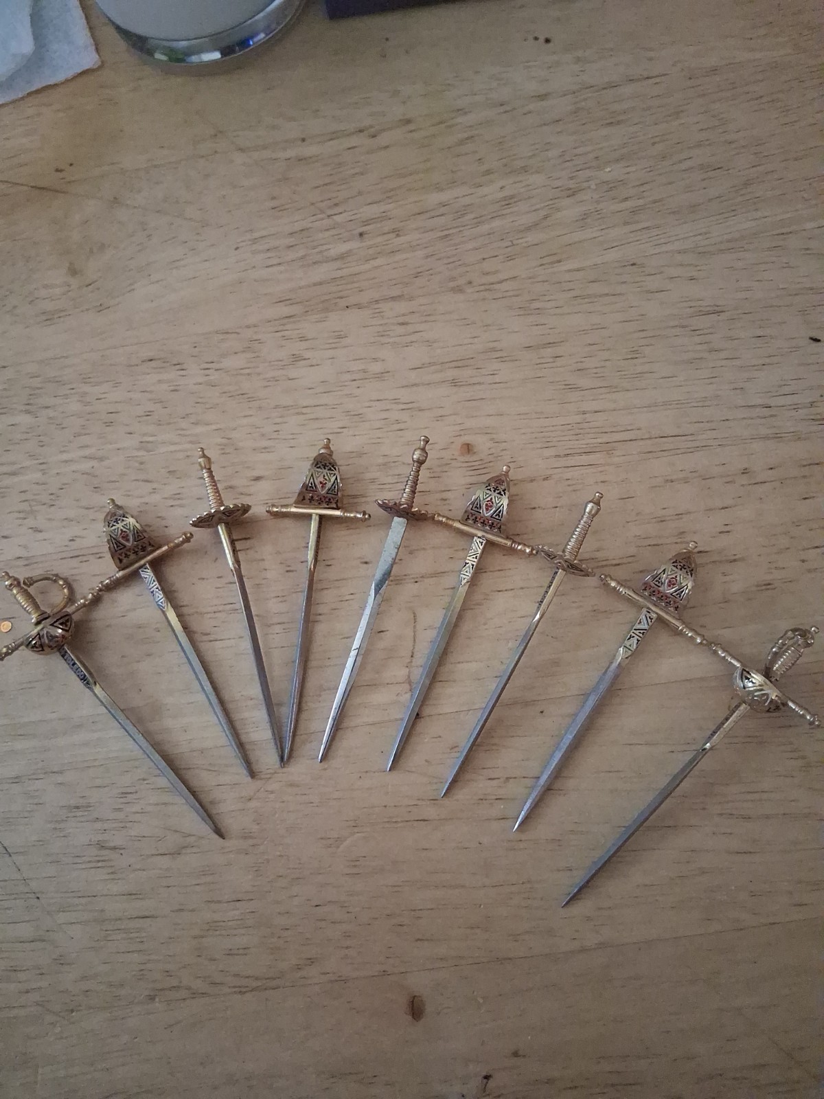 Vintage Toledo Spain 9 Mini Swords Appetizer Metal Skewers, Miniature Swords.