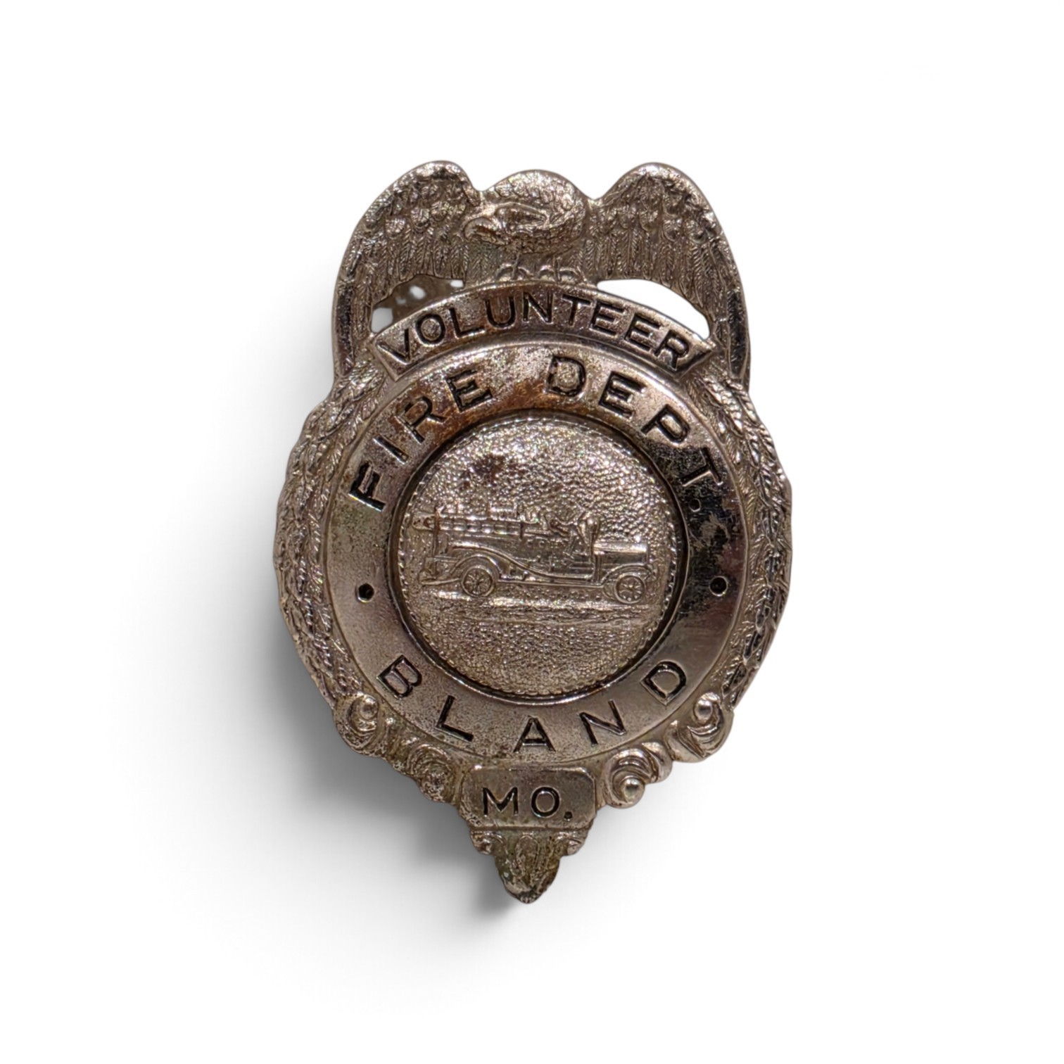 Vintage Obsolete Bland, MO Volunteer Fire Department Badge Eagle Shield Metal