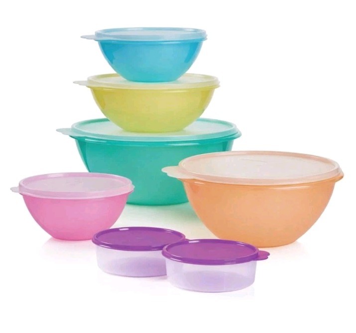 Tupperware 14-piece Wonderlier Vintage Series Bowl Set, Solid Color Bases, NIB
