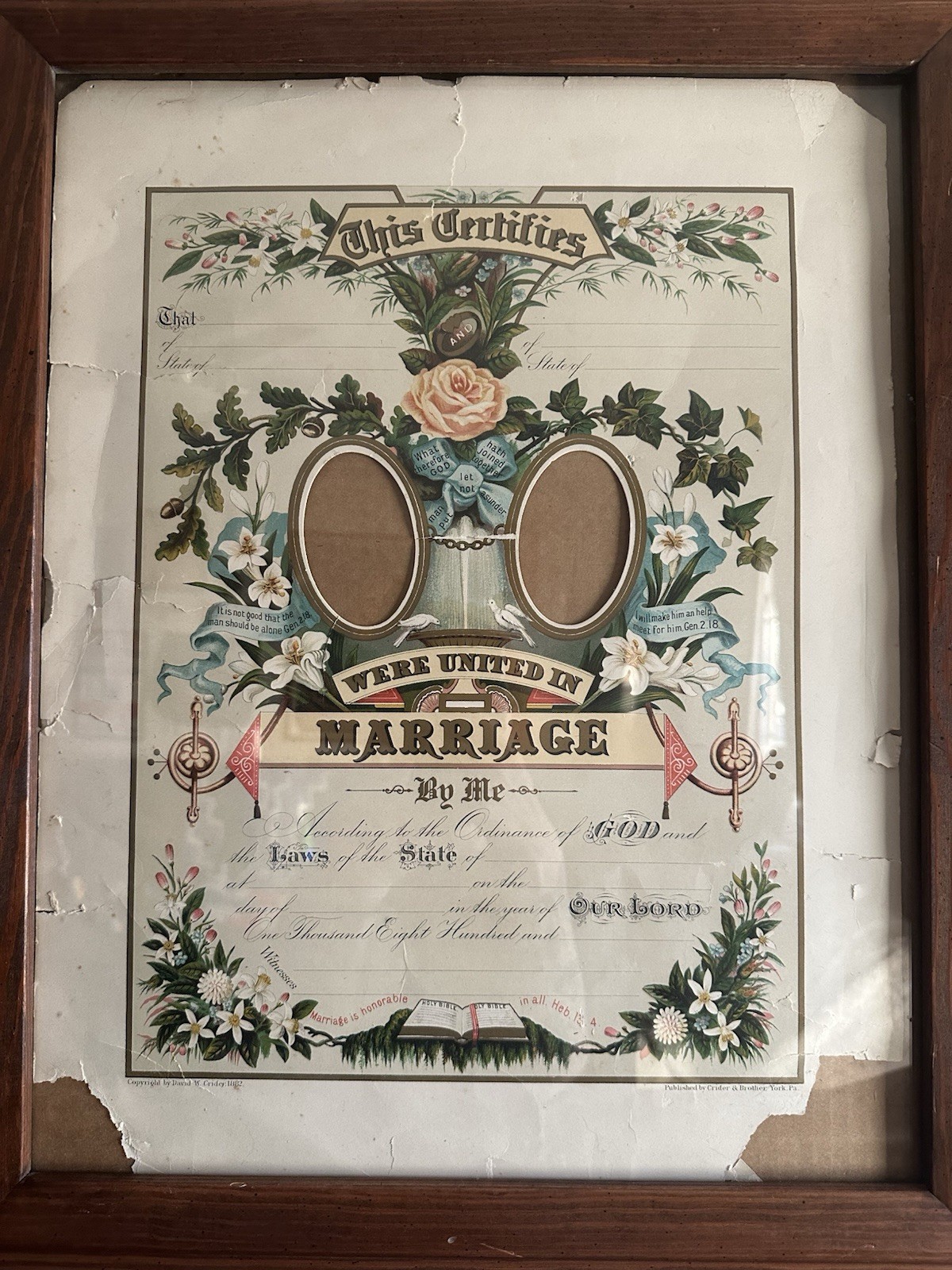 1882 Antique Crider Bro Marriage Certificate UNUSED