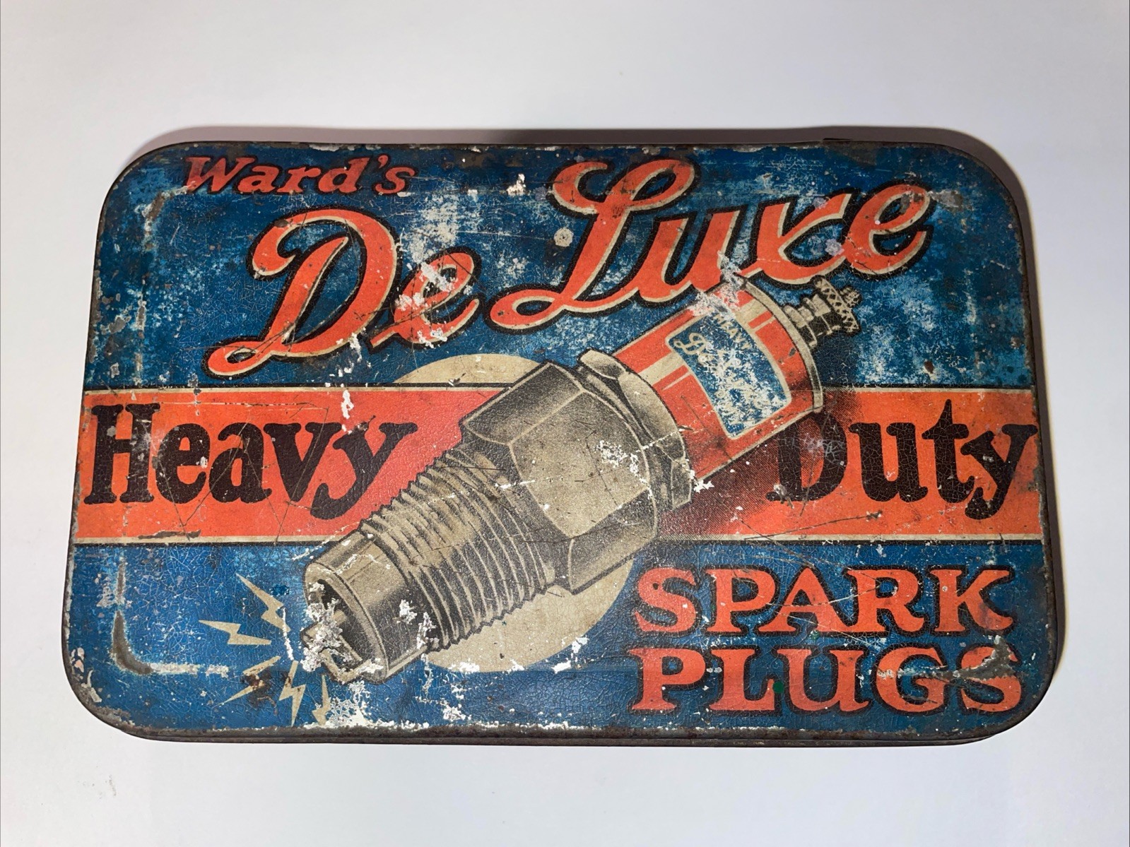 FANTASTIC Vintage MONTGOMERY WARD SPARK PLUG HINGED TIN Service Station Sign Gas