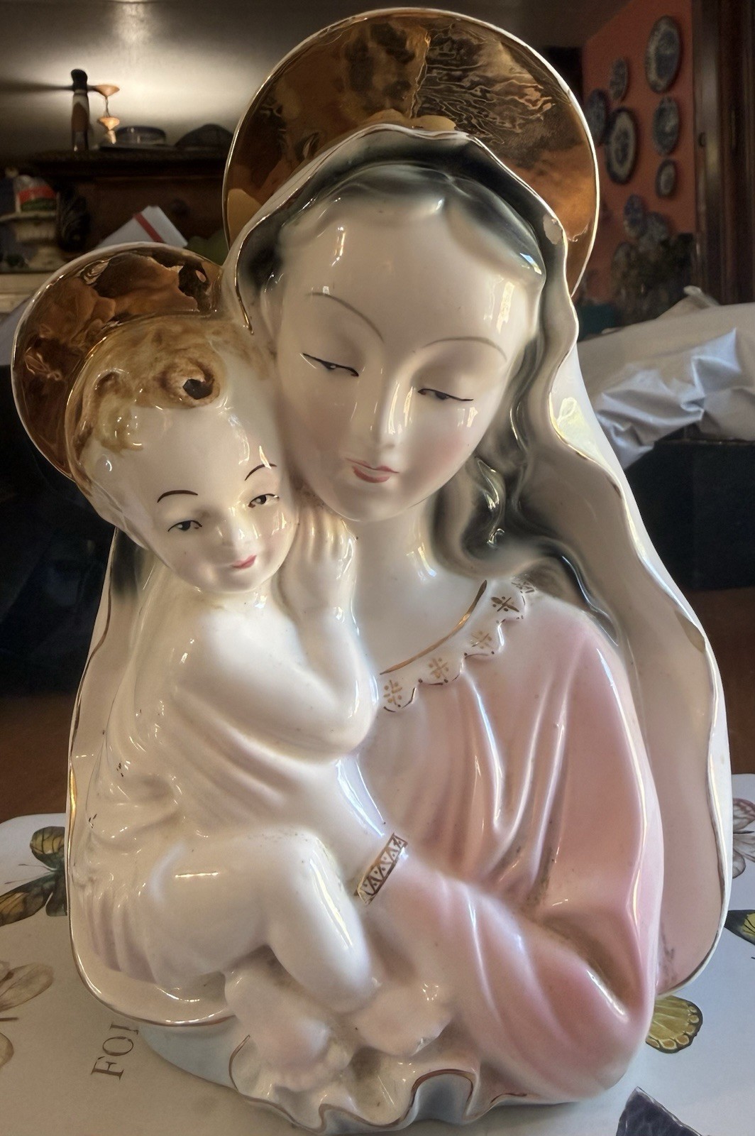 Madonna/Child VTG Hand Painted W/distinctive Gold Gilt Halo/Pastel Pink Glaze