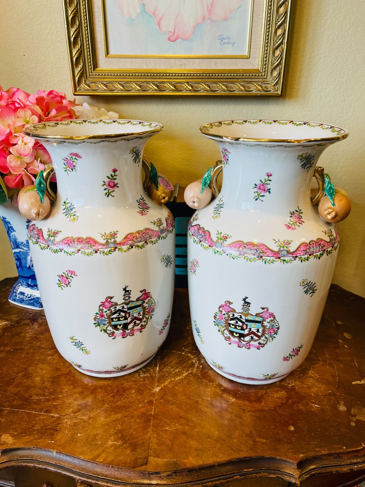 Large Pair Vintage Asian Pink Porcelain Vases