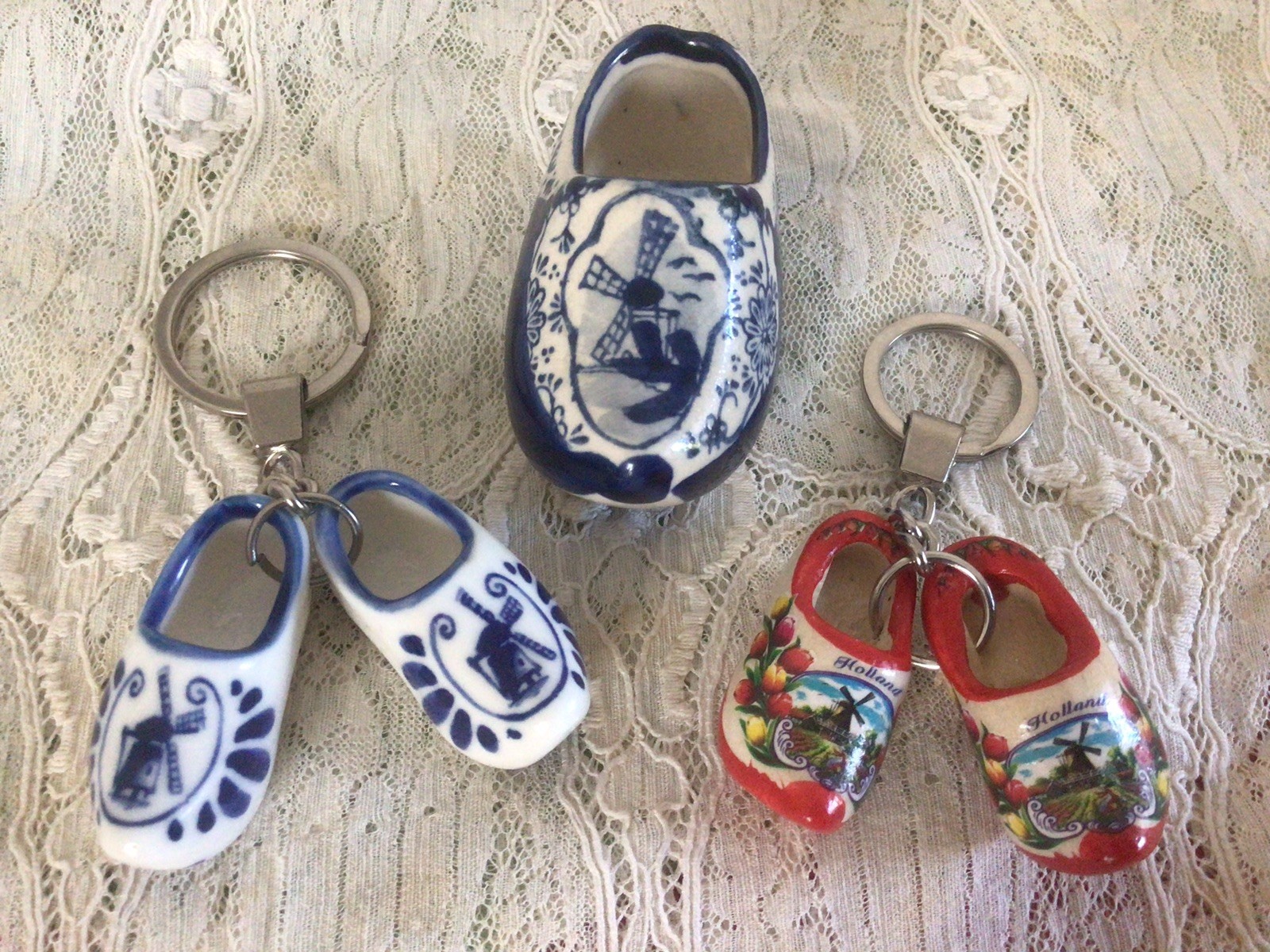 Vintage Holland Dutch Wooden Porcelain Clogs Keychain & Decor Souvenir Lot of 3