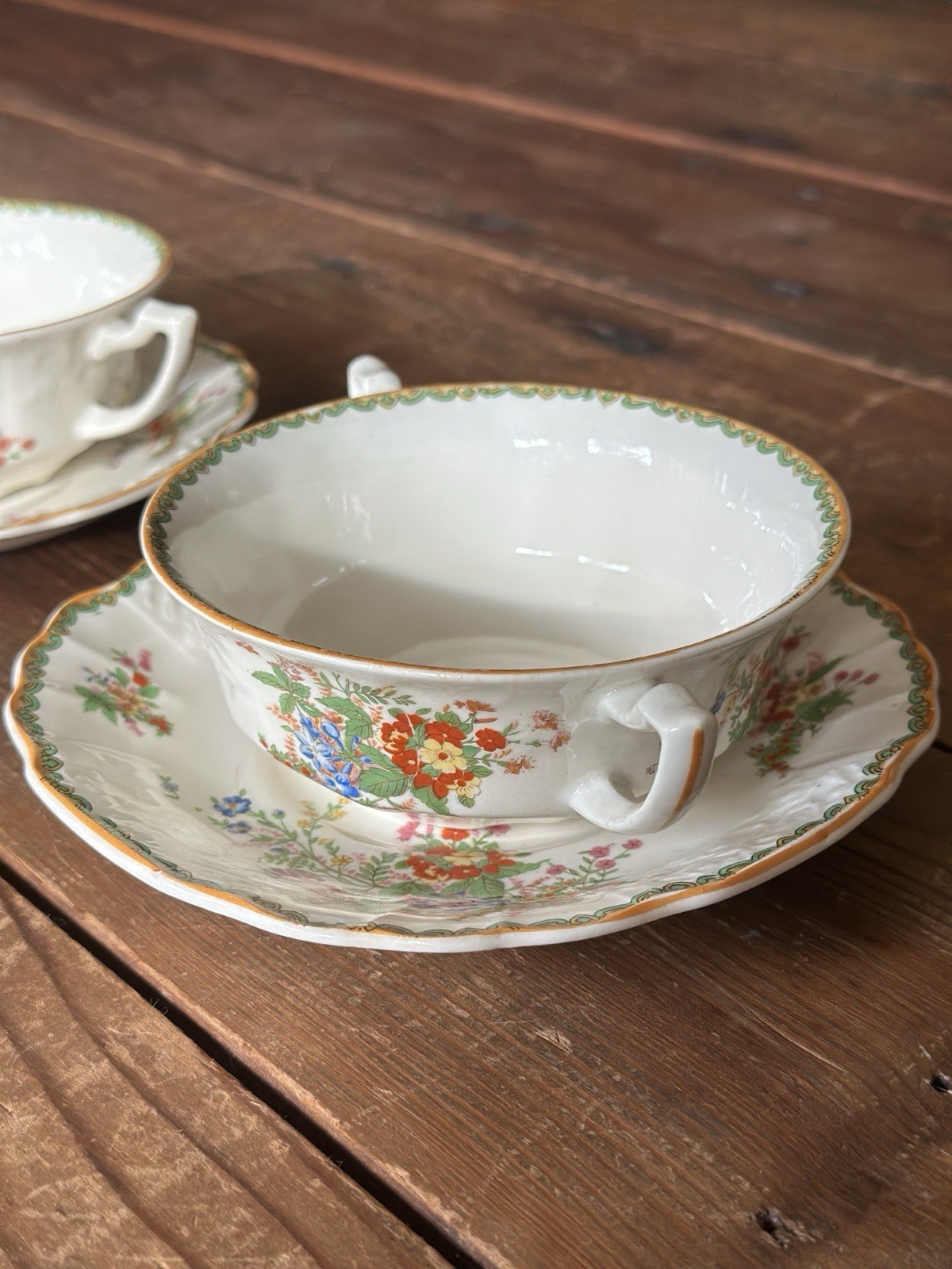 Devon Myott Staffordshire Lugged Soup Bowls & Underplates Floral Deco VTG China