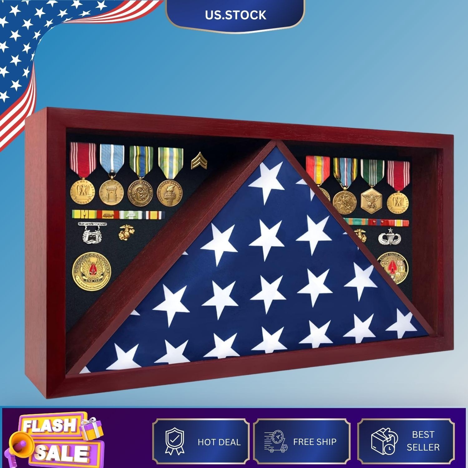 Large Military Flag Display Case Shadow Box for 5x9.5 Burial Flag Mahogany Large Military Flag Display Case Shadow Box for 5x9.5 Burial Flag Mahogany