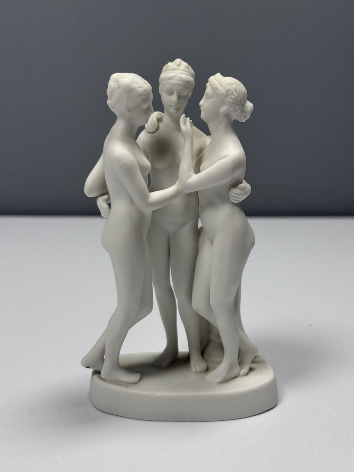 Three Graces Bisque Porcelain Statue 5” Neoclassical Greek Goddess Sculpture
