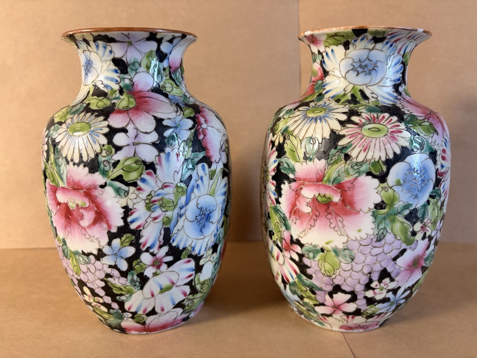 Vintage Pair Chinese Famille Noire Millefleur Vases - 6.5\