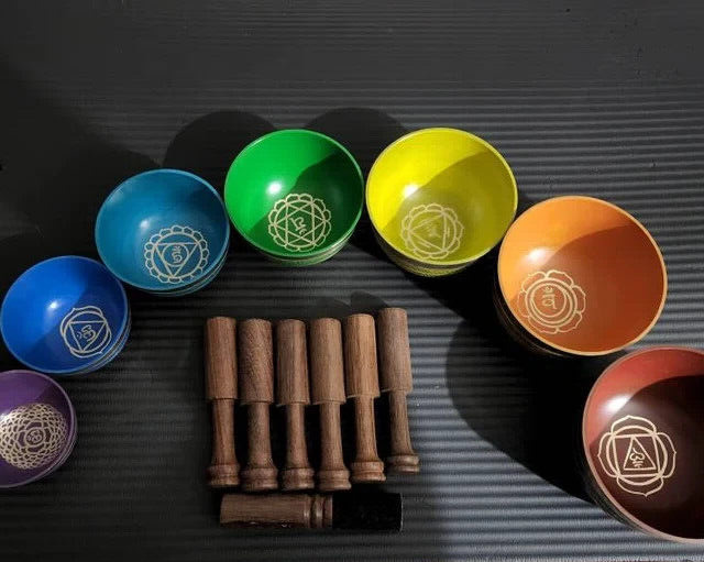 Set of 7 color Tibetan Handmade 7 Pcs singing bowl for sound healing meditation