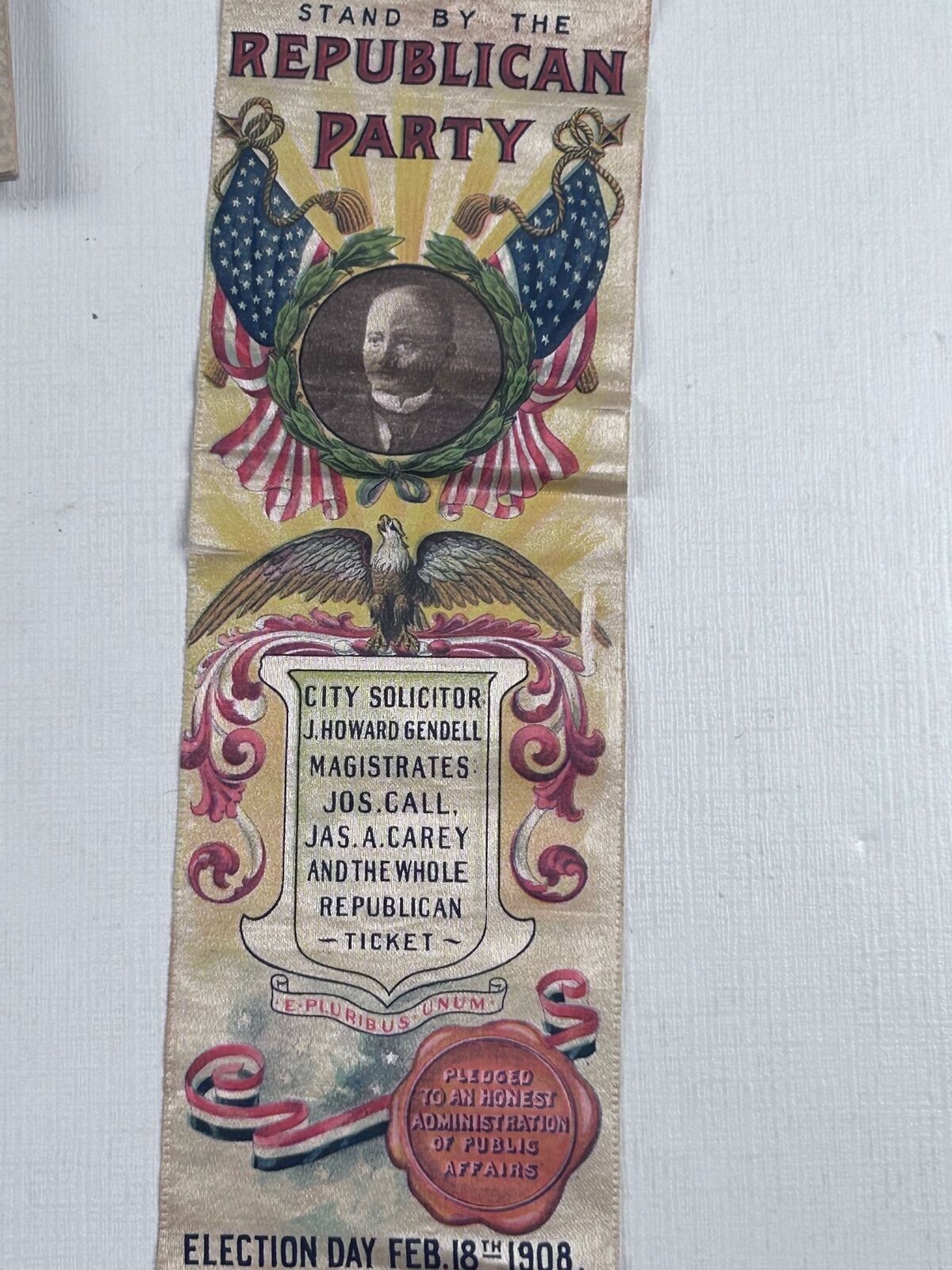 Republican Party Political Ribbon Election Day Feb 18 1908 J Howard Gendell