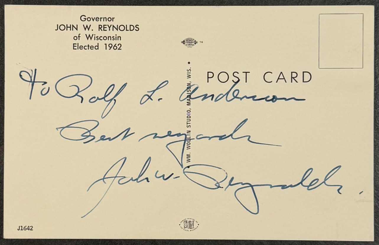 JOHN W REYNOLDS Signed Color Postcard Wisconsin Governor Judge Autograph WI