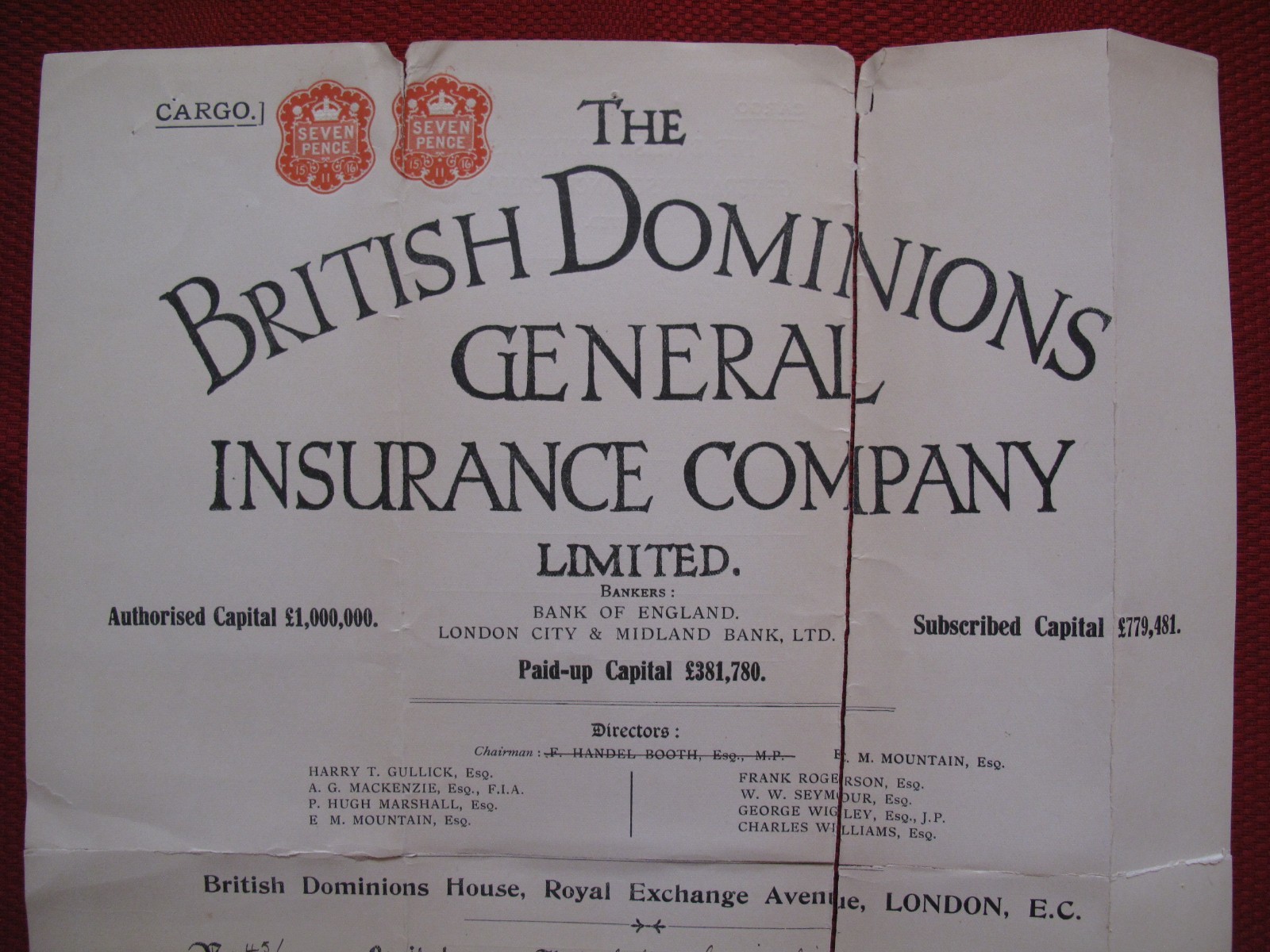 1914 SS Steam Ship YOLA? trip to Galveston Insurance Policy Document
