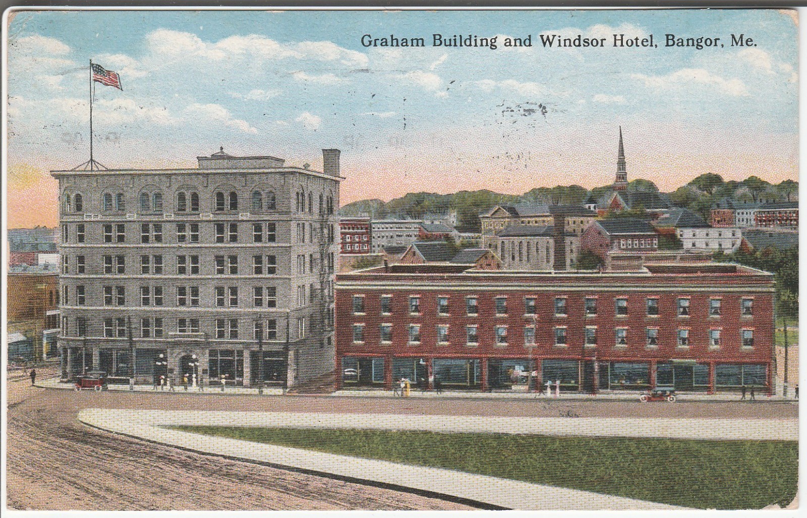 Bangor ME postcard - Graham Building Windsor Hotel PM 1914 to Stoughton MA