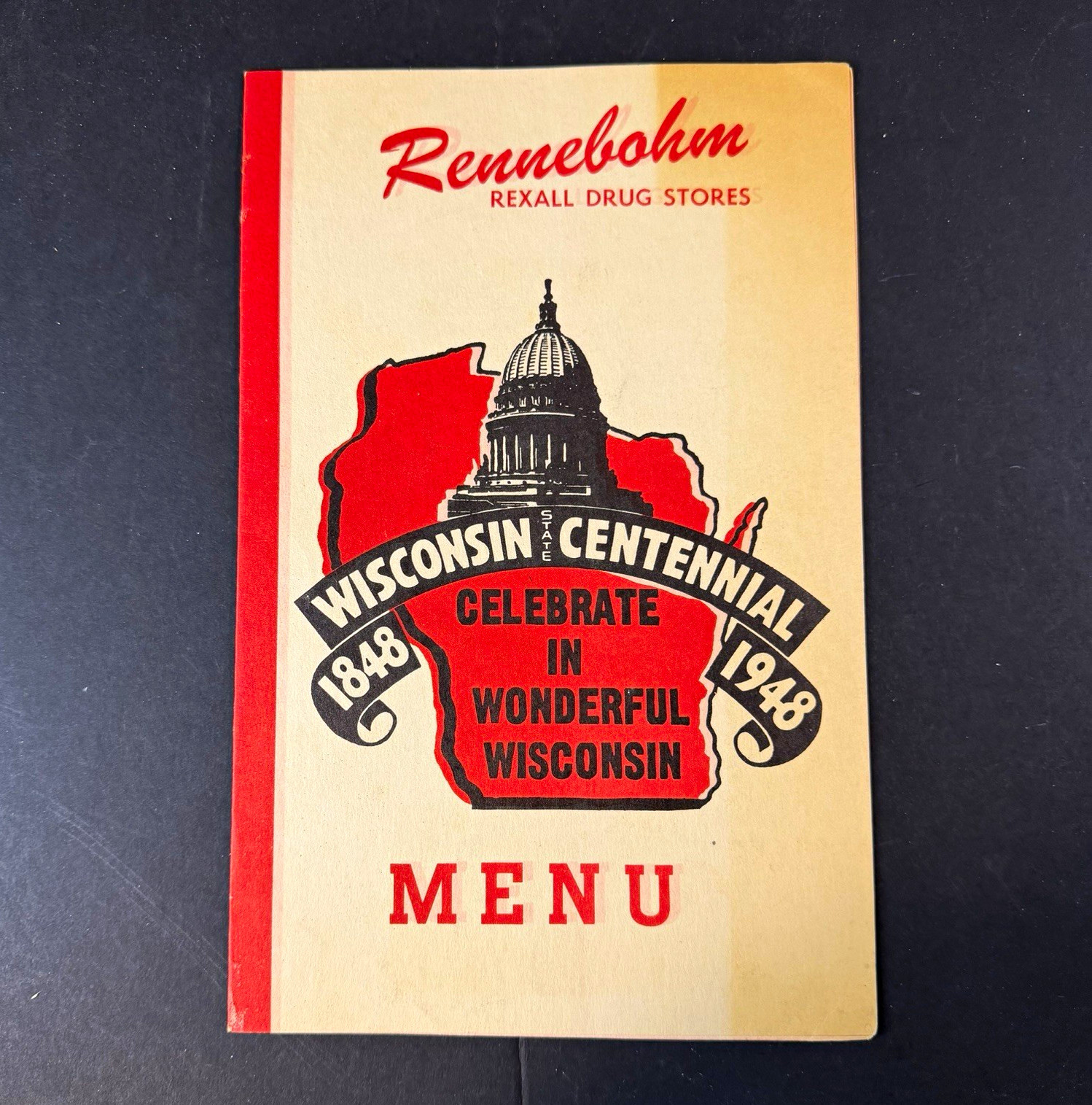 Vtg Rare 1948 Rennebohm Rexall Drug Store Menu Madison WI Wisconsin Centennial