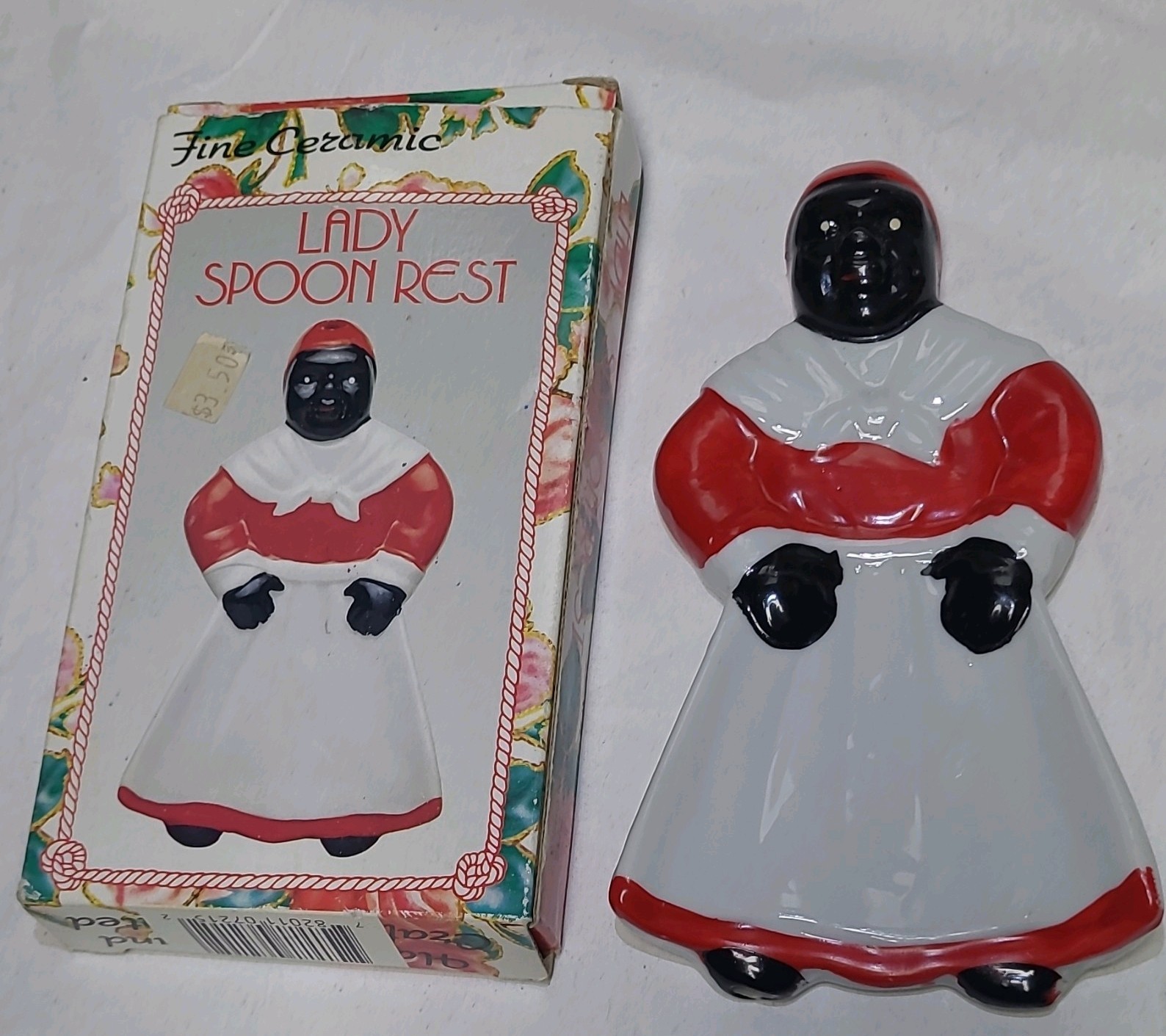 Vintage Ceramic  Black Americana Lady Figural Spoon Rest #7215 w/ Box
