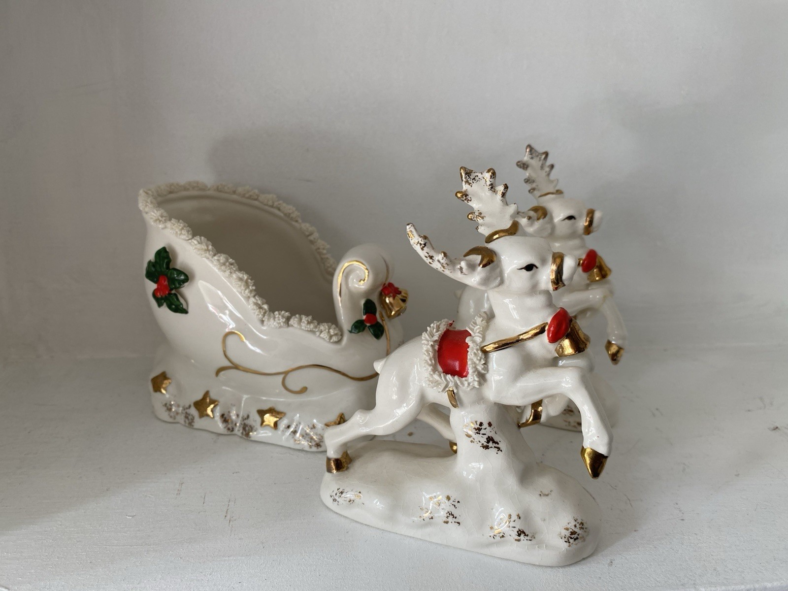Vintage 1958 Retro Mid Century Christmas Napco spaghetti Reindeer Sleigh