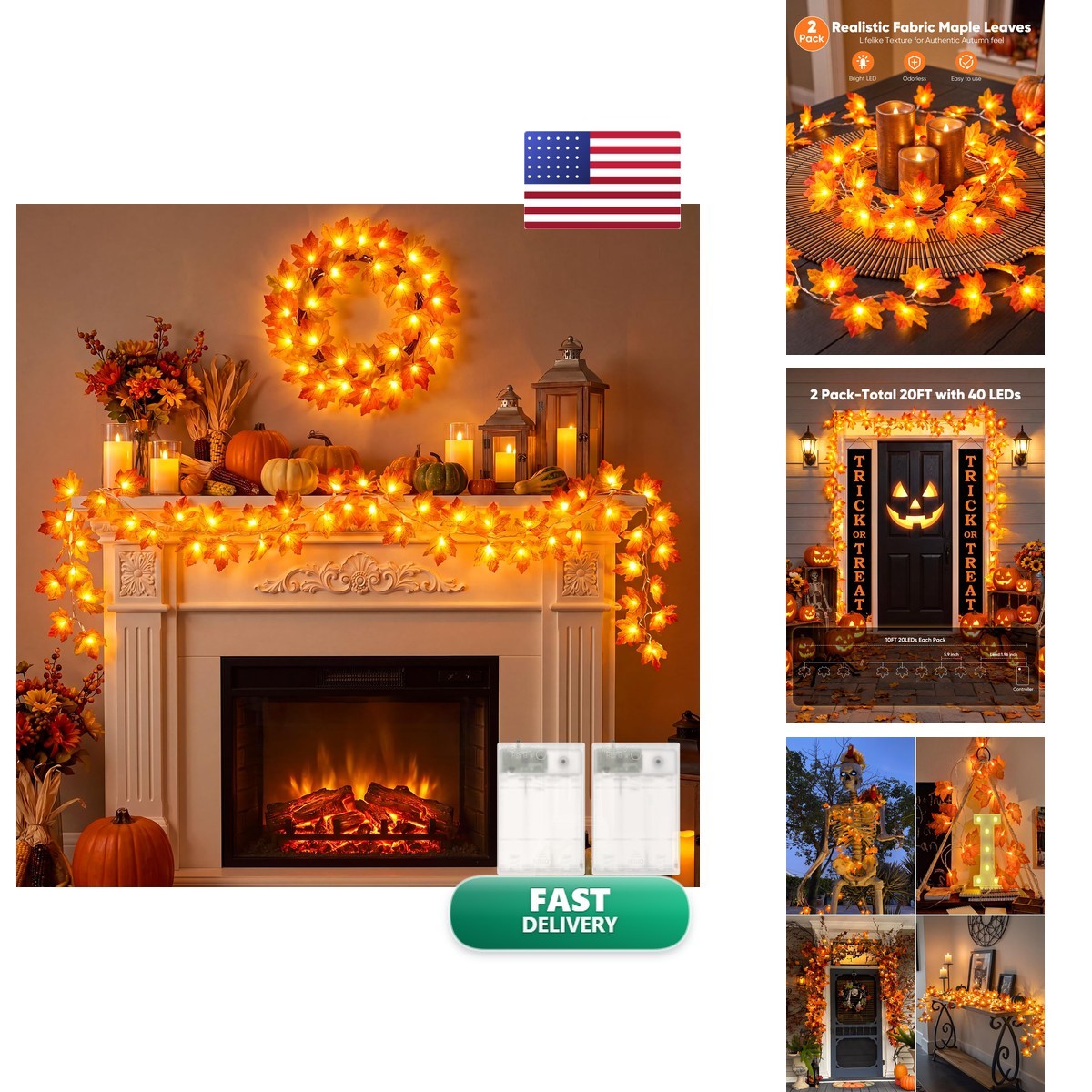 Brightown 2 Pack Fall Garland with Lights Total 20Ft 40LED