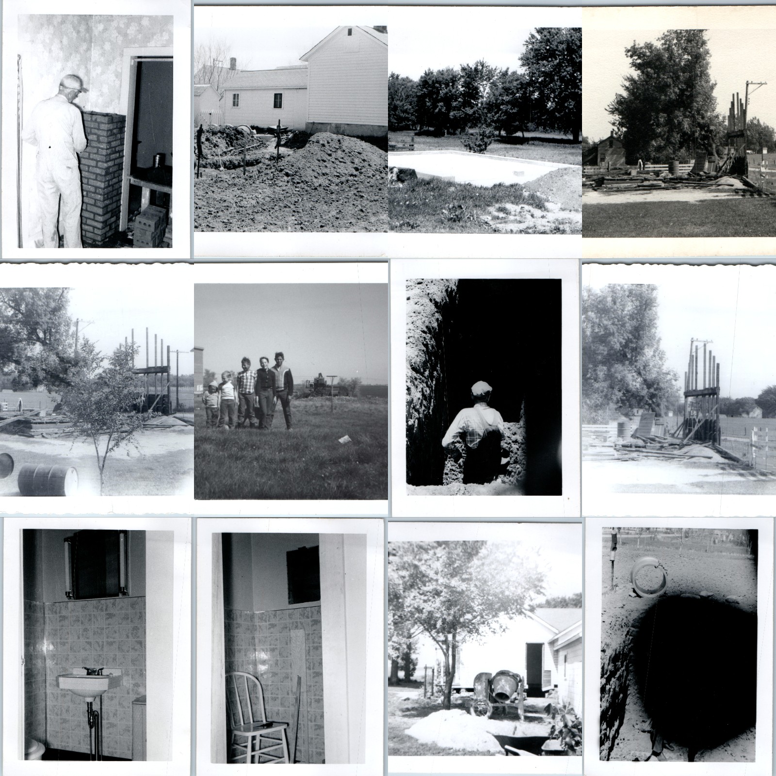 x12 LOT c1950s Construction House Building Snapshot Photos Fireplace Bathroom