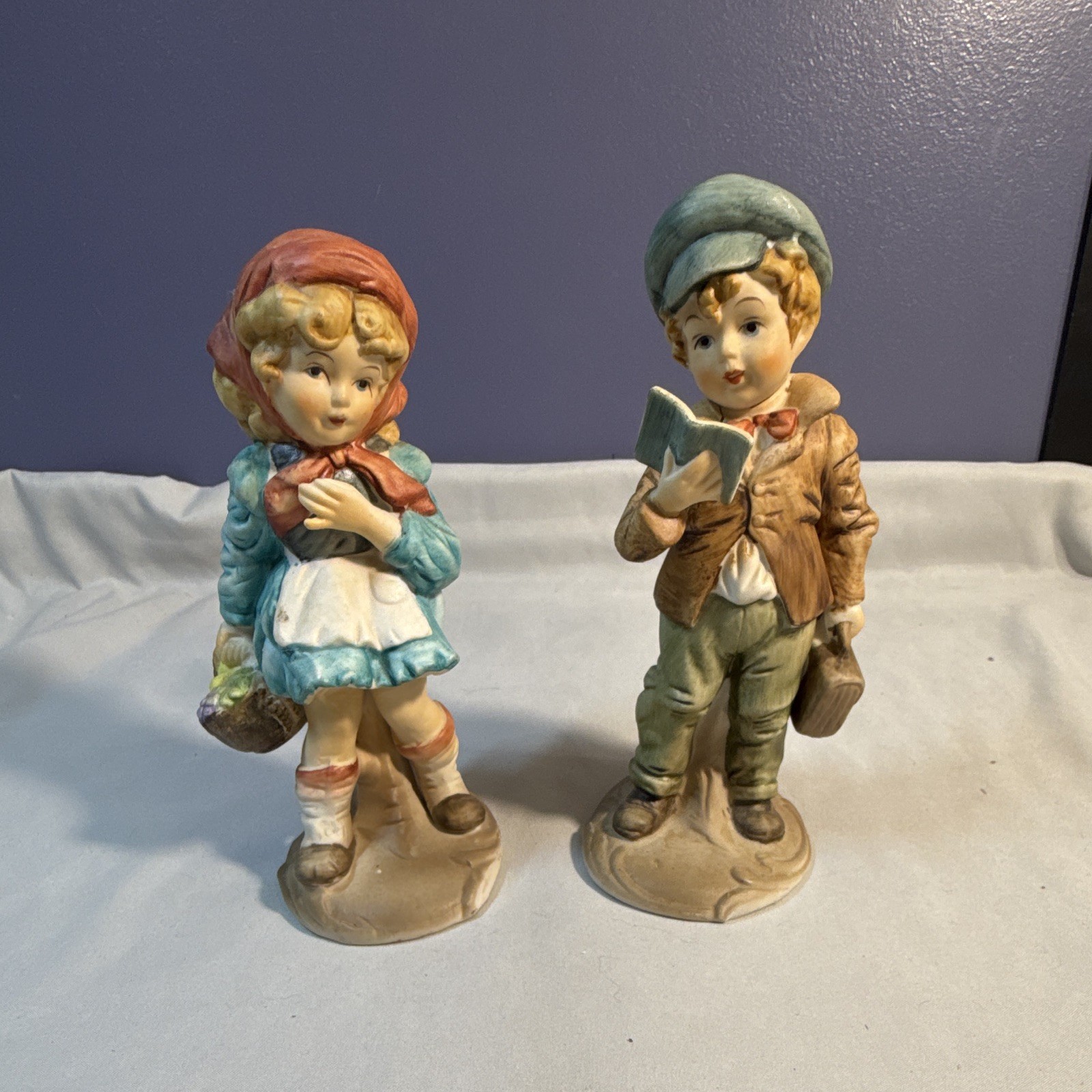 Vintage 1970s Hand Painted Ceramic Children Figurines Set of 2 6in
