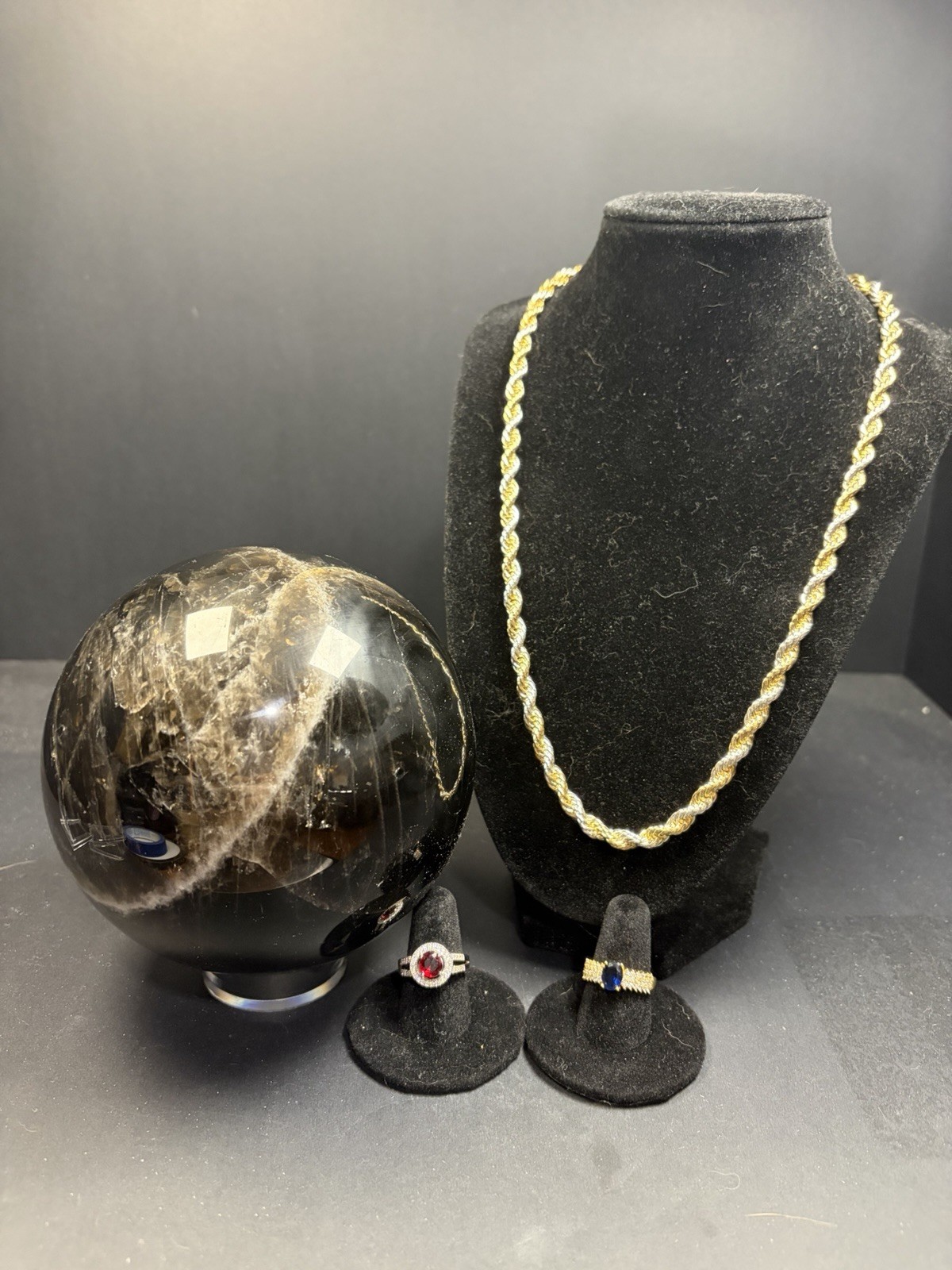 Polished Black Moonstone Sphere, 2 Tone Rope Necklace, 2 Rings GET ALL YOU SEE