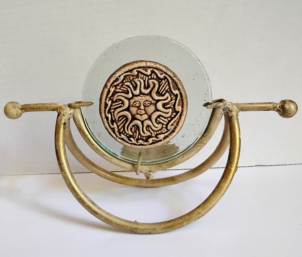 Vintage 1990’s Metal, Glass, and Ceramic Celestial Sun Face Candle Holder
