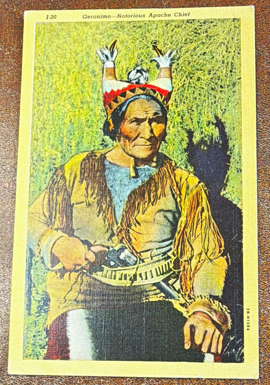 Geronimo Apache Chief on the 101 Ranch Linen Postcard Hand Colored Lithograph