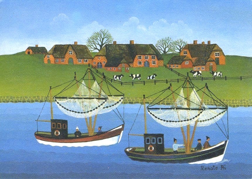 Renate Ai ~ Crab Fishing ~ Ausfahrt Zum Krabbenfang Art Artist Signed Postcard