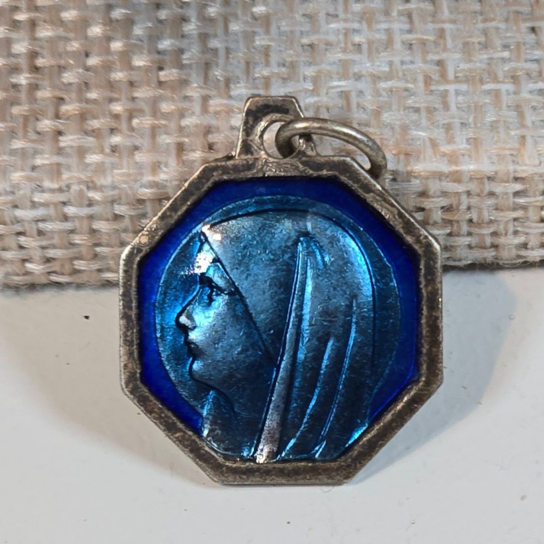 Vintage French Blue Enamel Virgin Mary Medal Pendant Holy Water Reliquary plated