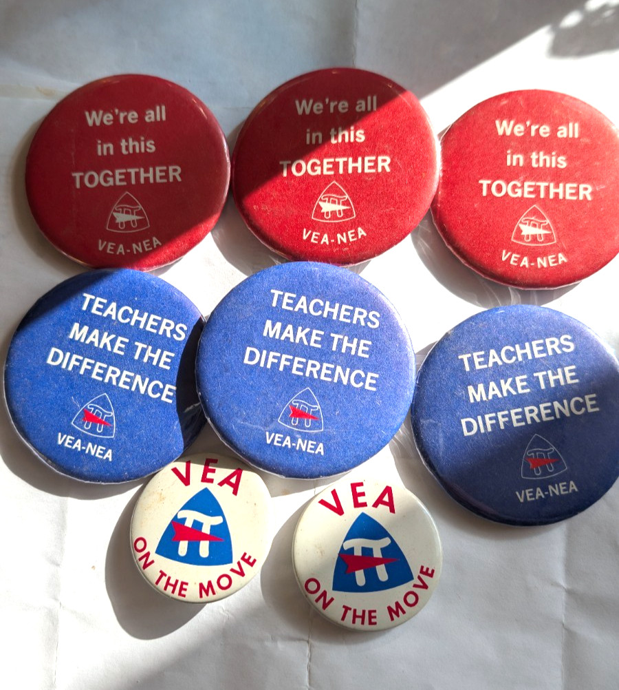 group of 8 VEA-NEA pinback buttons \