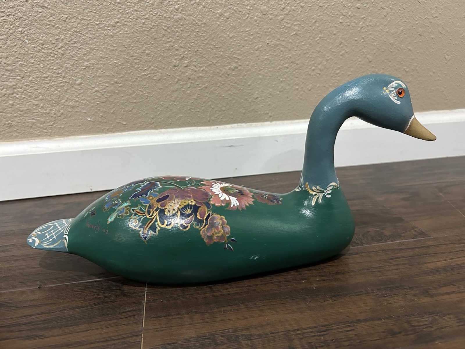 VTG Hand Painted Wooden Goose Or Duck Artist Signed Folk Art Teal Green Floral