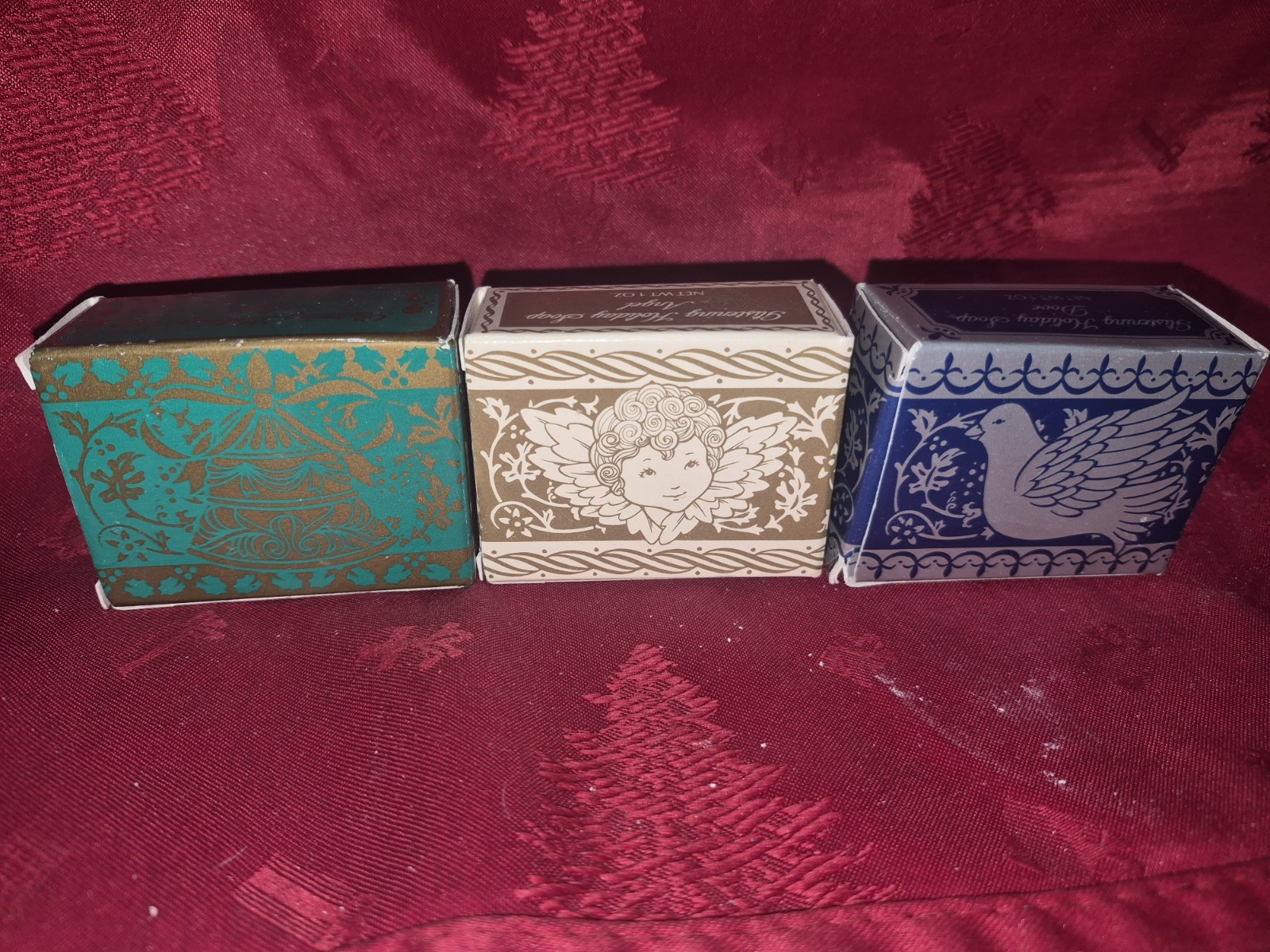 Avon Glistening Holiday Soaps three designs (Bell, beige angel, and blue dove)