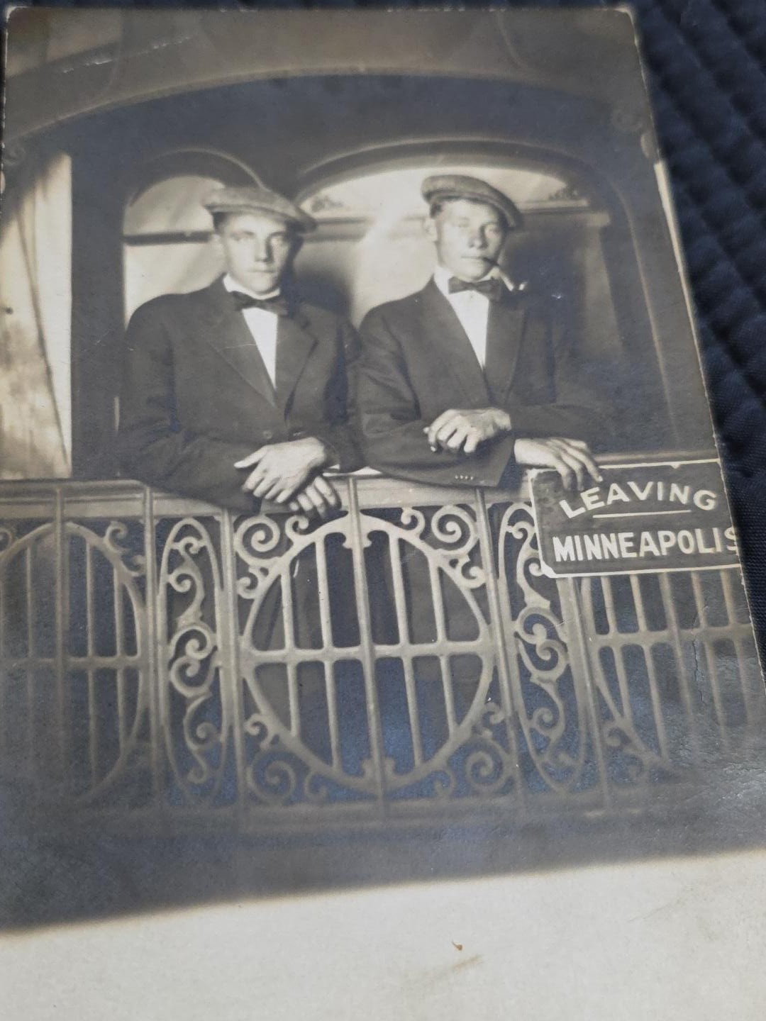 Antique RPPC Leaving Minneapolis MN Two Men Train Prop Studio Photo Postcard AZO