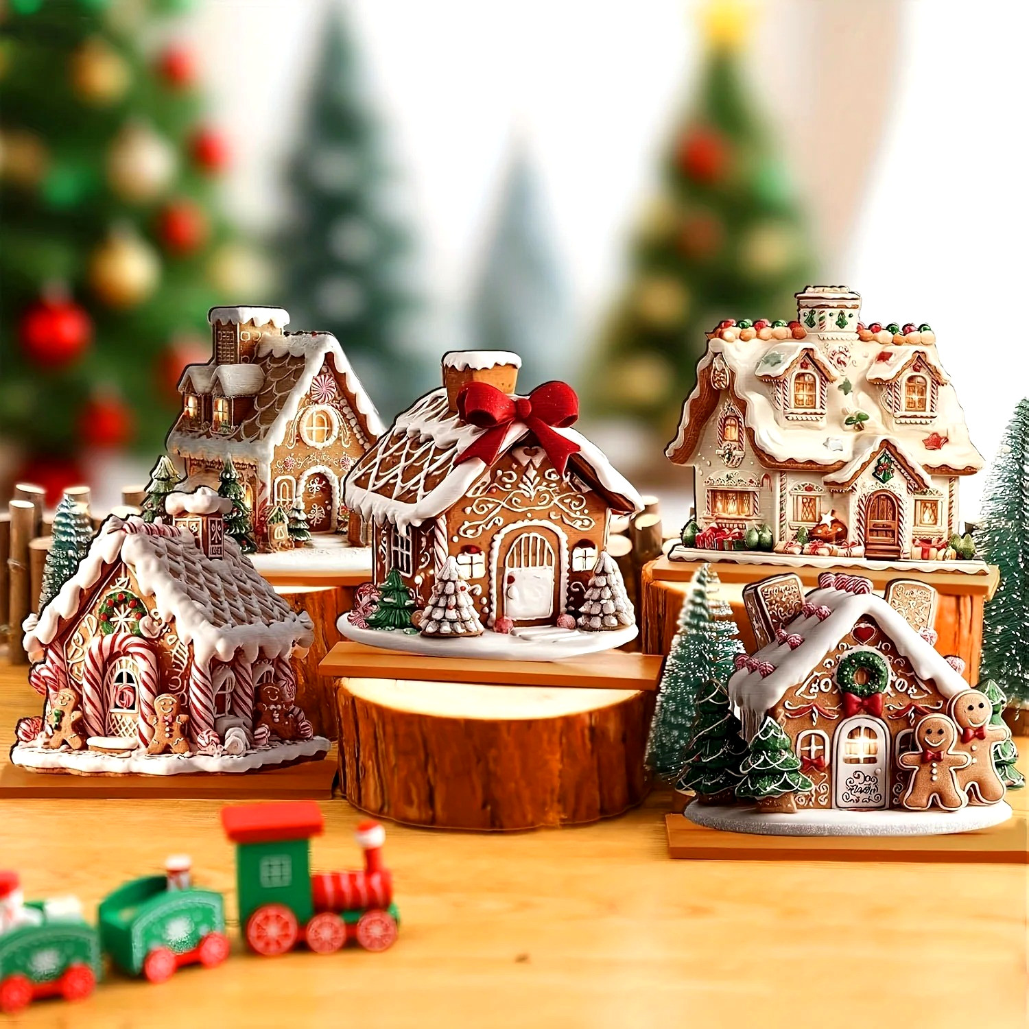 RattanView 5 Pcs Gingerbread Christmas Table Decor, Gingerbread Village Set