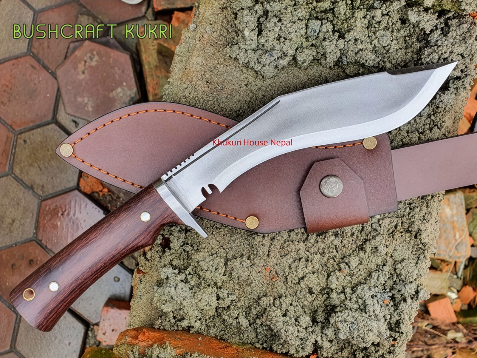 KHHI Bushcraft kukri, 8 inch, 5160 steel, handguard, lanyard, leather sheath