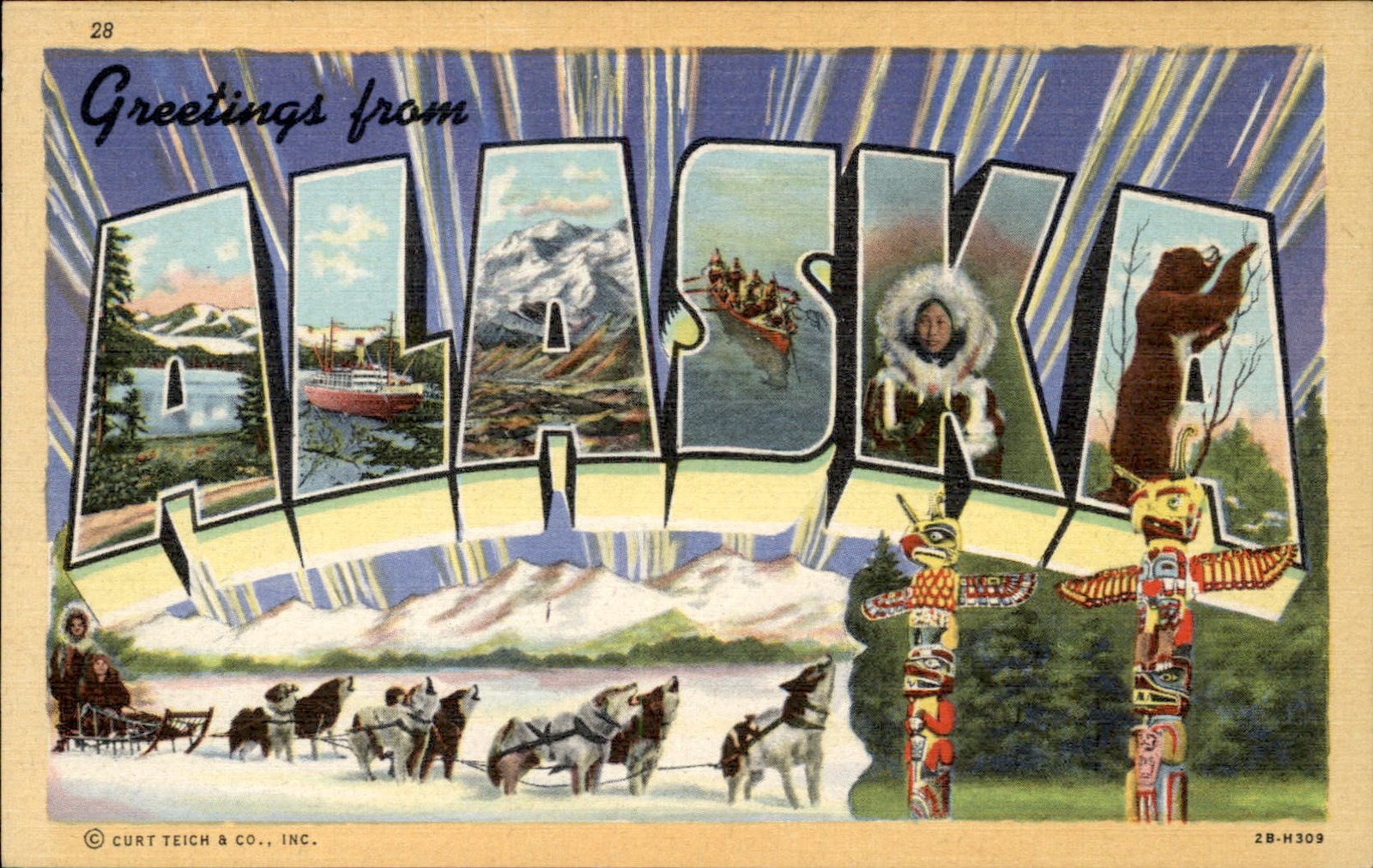 LARGE LETTER LINEN AK Alaska Curt Teich & Co., Inc. c1930s-40s Postcard bhn