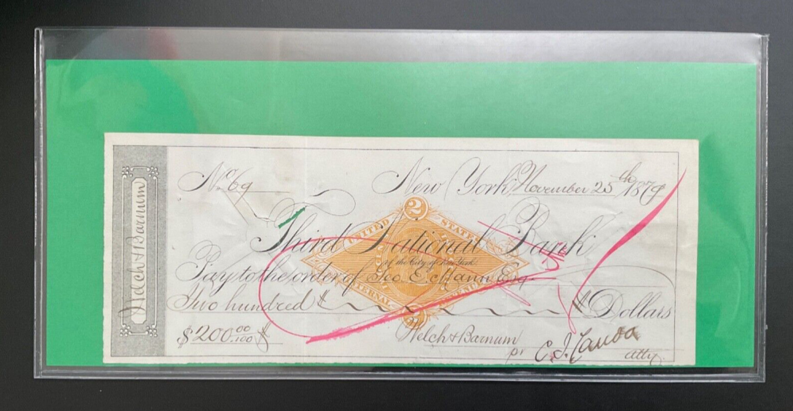 1879 Third National Bank New York Check $200