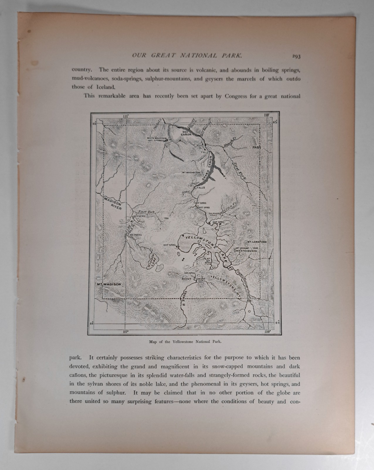 1872 Victorian Printed Engraving, Map of the Yellowstone National Park