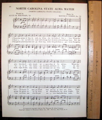N.C. STATE Alma Mater ~~~~ NORTH CAROLINA NC STATE Vintage Song Sheet c1953