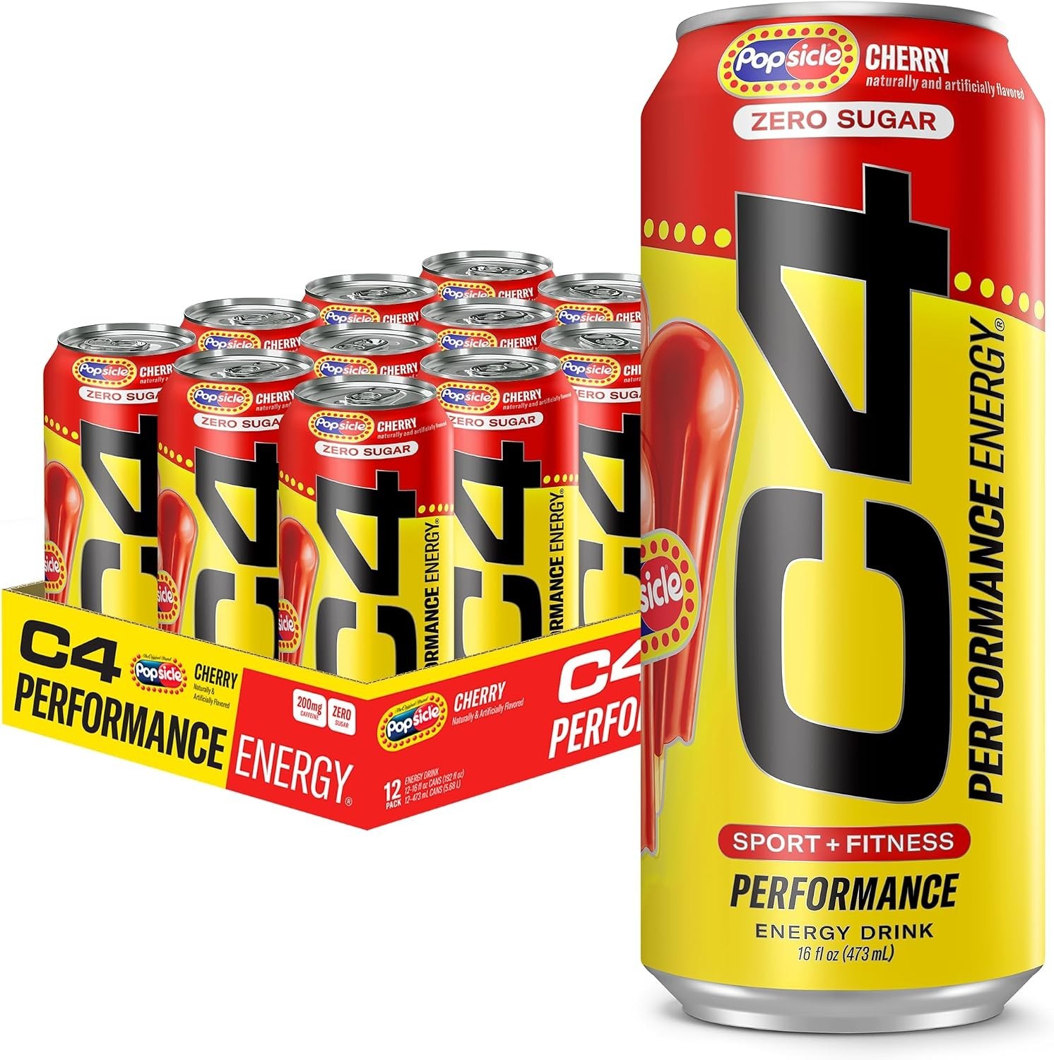C4 Performance Energy Drink Cherry Popsicle Zero Sugar 16oz 12 Pack Cans