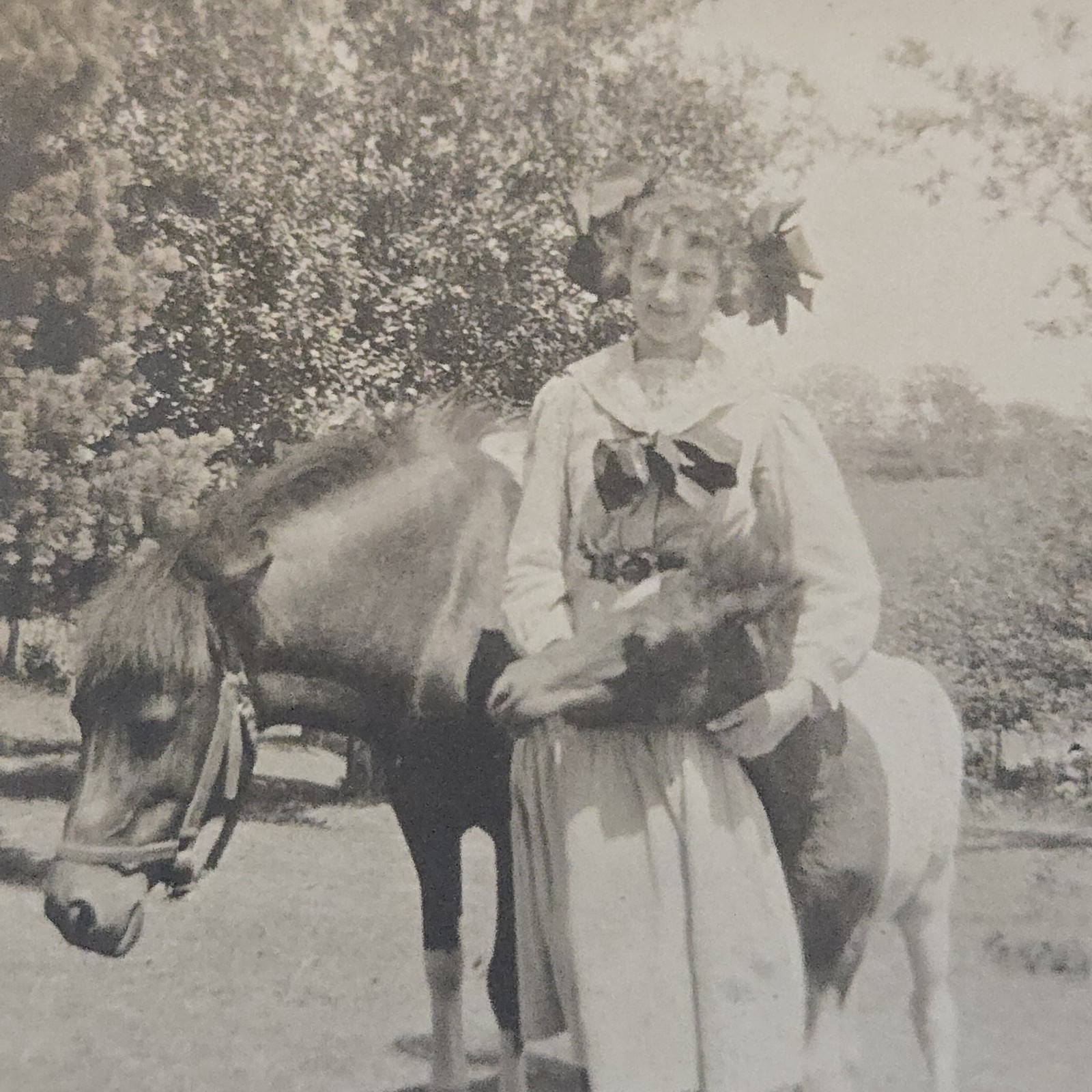 Vintage B&W RPPC Photo Postcard of Young Woman Posing w/ Horse & Foal