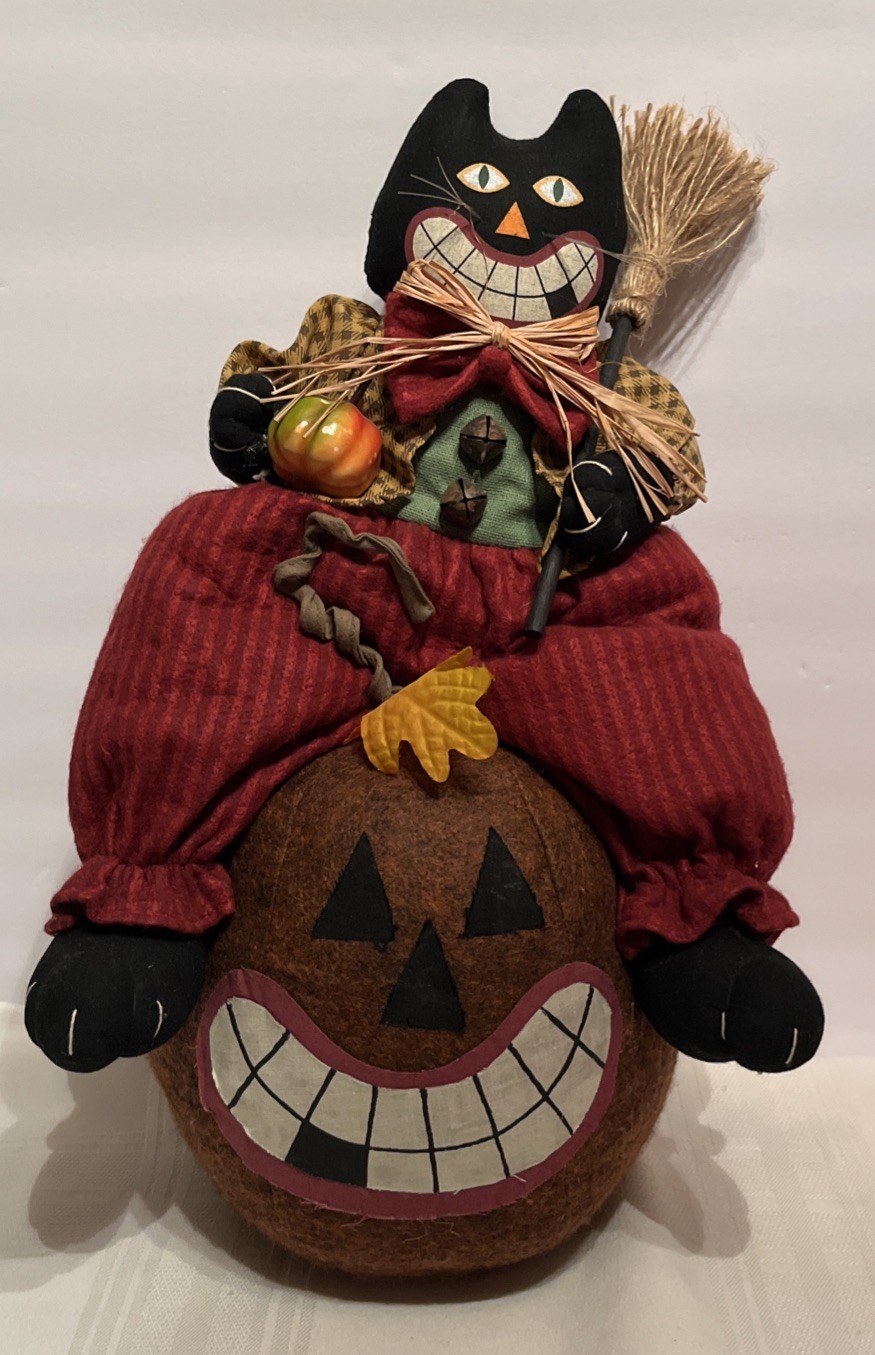 Vintage 1990s Primitive Halloween Black Cat On Pumpkin Decor Folk Art Stuffed