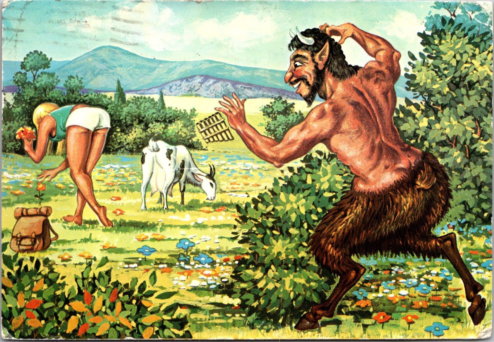 Greek God PAN A Tragic Dilemma Half Man Half Goat Girl Cow Humor 1970s Postcard