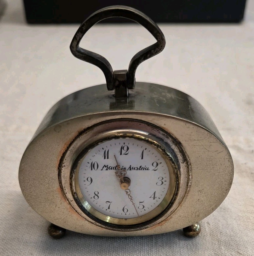 Vintage Austrian Oval Miniature Wind Up Desk Clock Working Mechanical