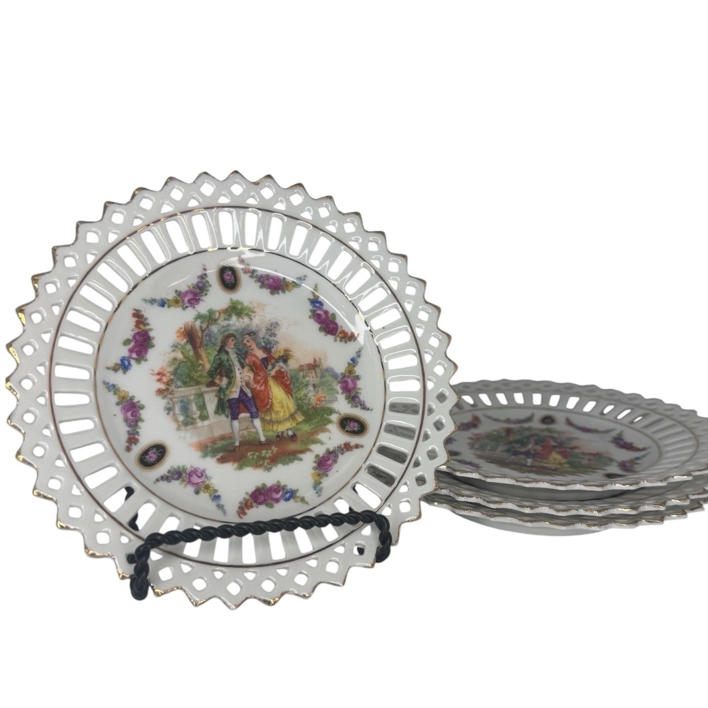Courting Couple Reticulated Porcelain Plates Floral Set of 4 Vintage Germany