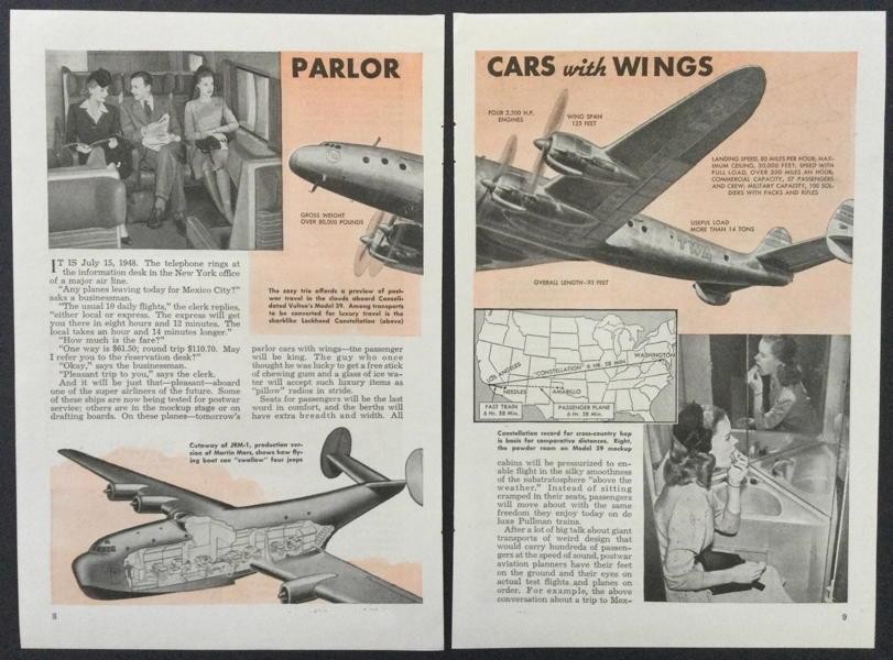 JRM-1 Lockheed Constellation TWA 1944 article “Parlor Cars w/Wings” Consolidated