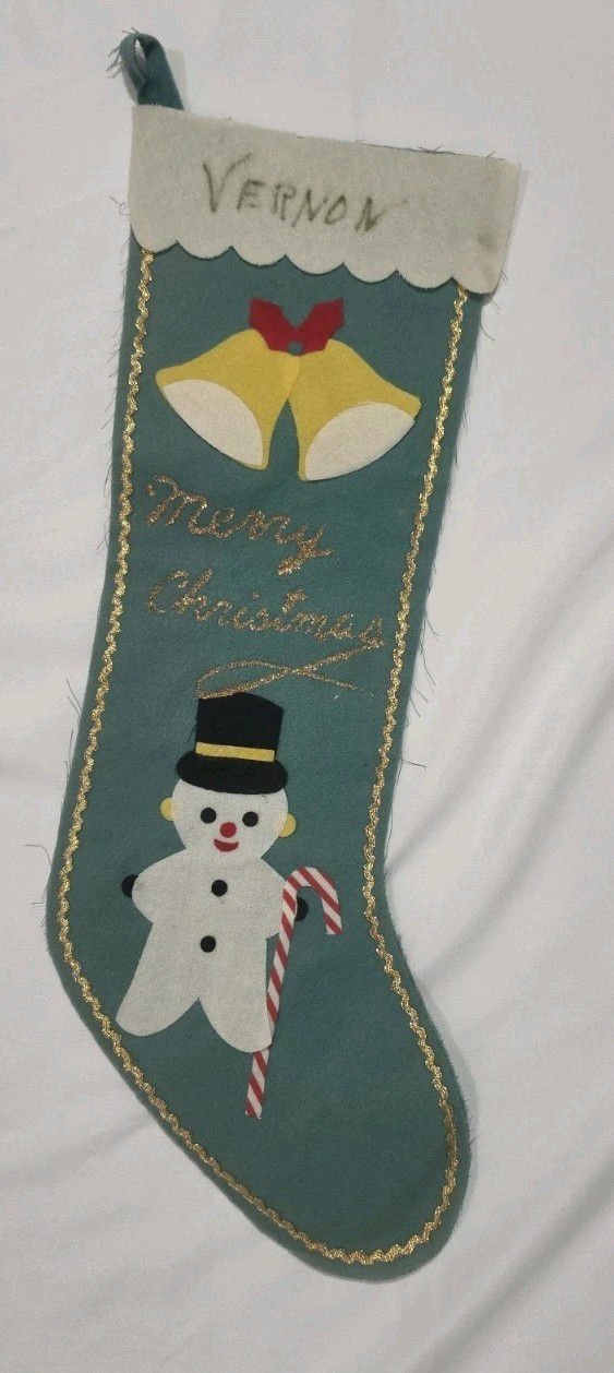 Vintage Homemade DIY Christmas Stocking Snowman Bells Candycane Ric Rac Felt