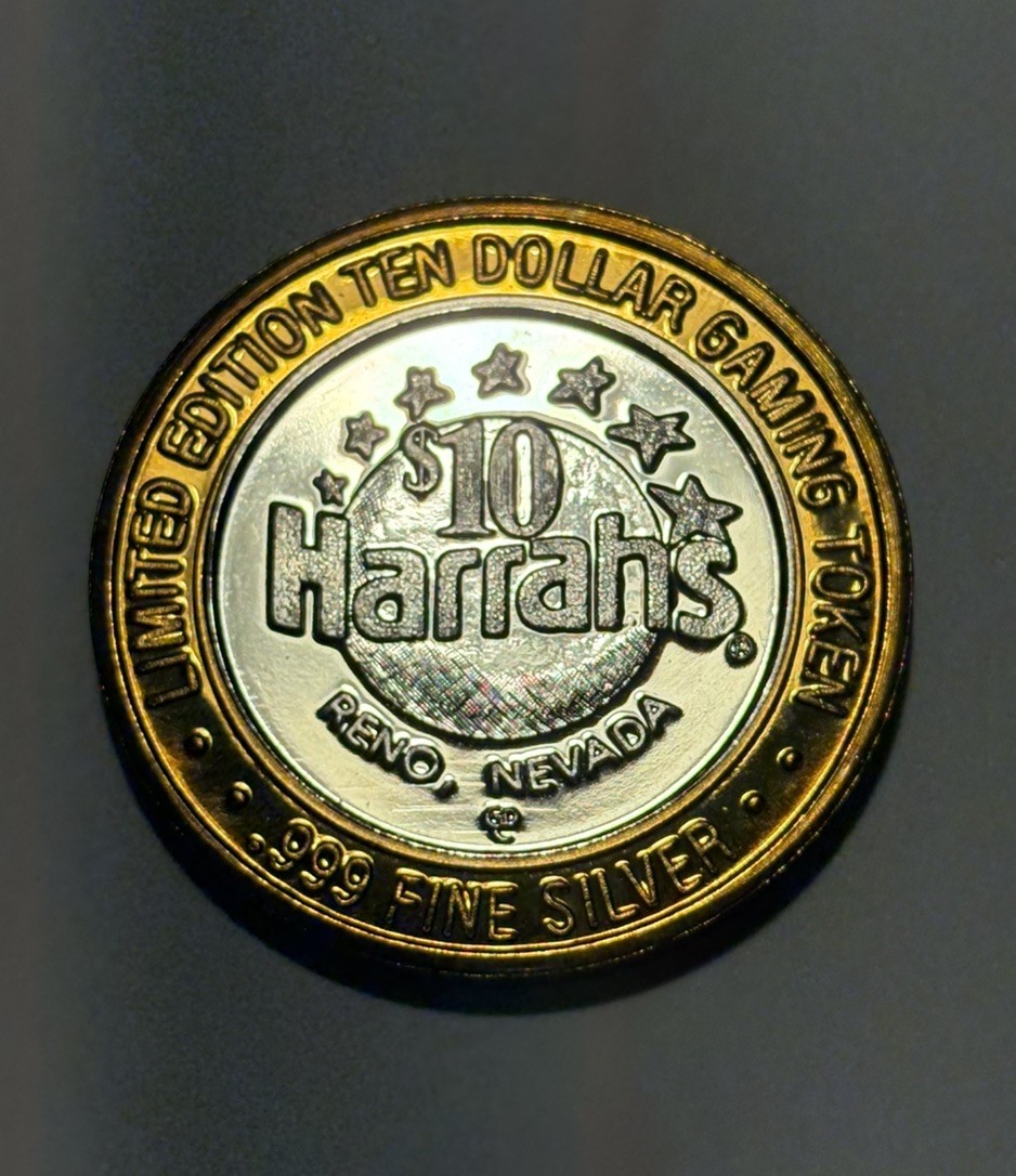 Harrahs Reno Nevada $10 Gaming Token Limited Edition .999 Pure Silver