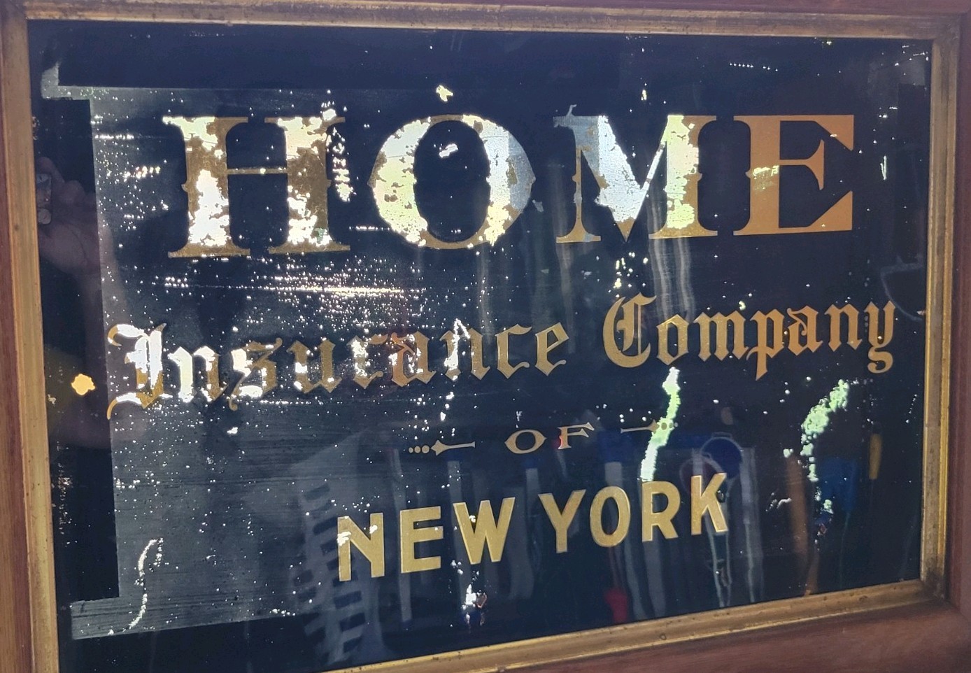 Antique Framed Glass Sign Home Insurance Co NY Gilt And Black