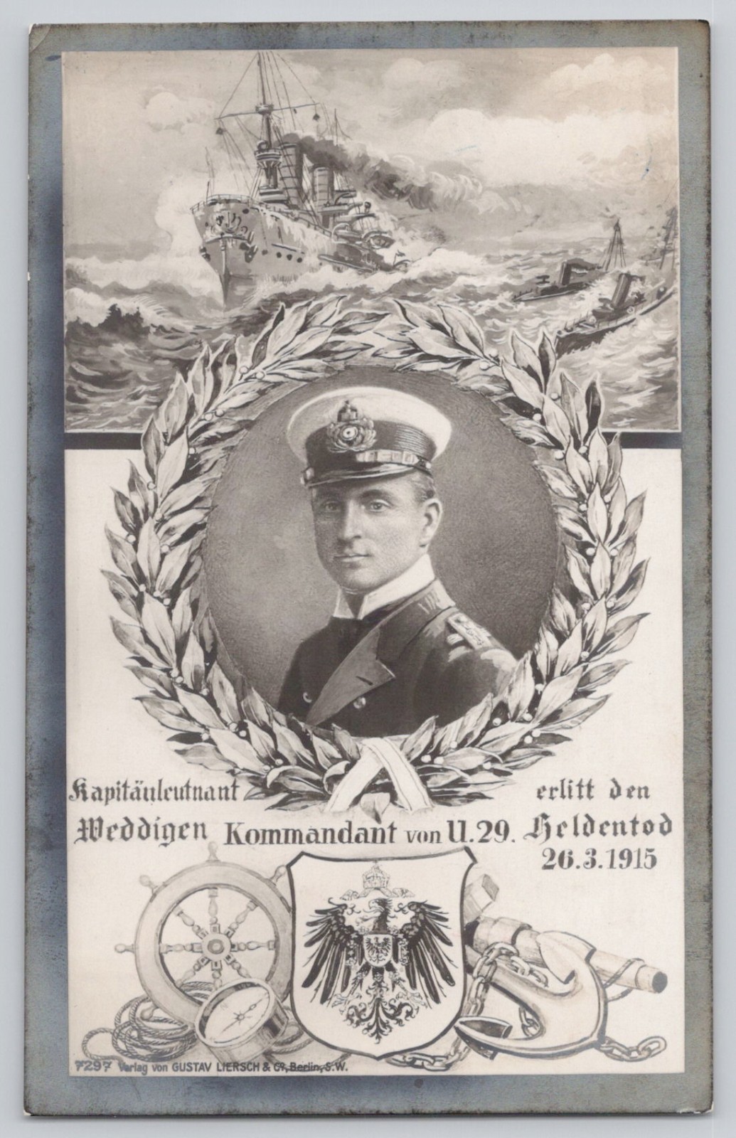 WWI Otto Weddigen U-29 U-Boat Commander Memorial Postcard 1915 German Navy