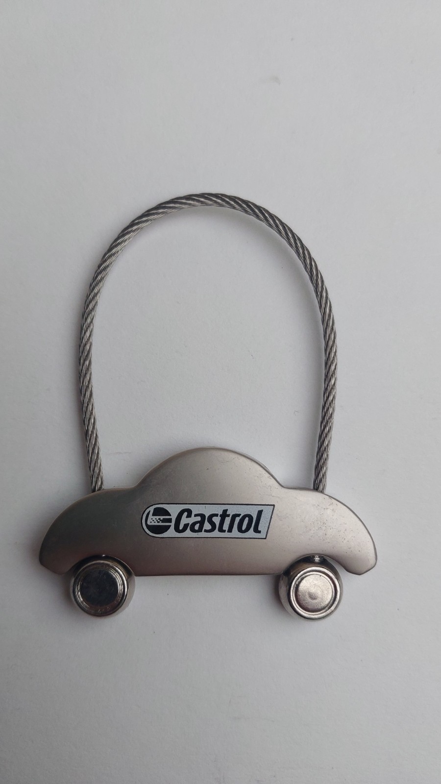 Castrol Car Shaped Metal Cable Keychain Silver Tone Motor Oil Advertising